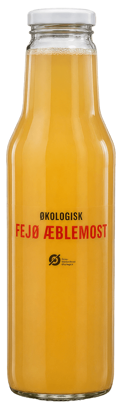 Flaske Fejø Æblemost – uklar, lys gylden most med hvidt låg